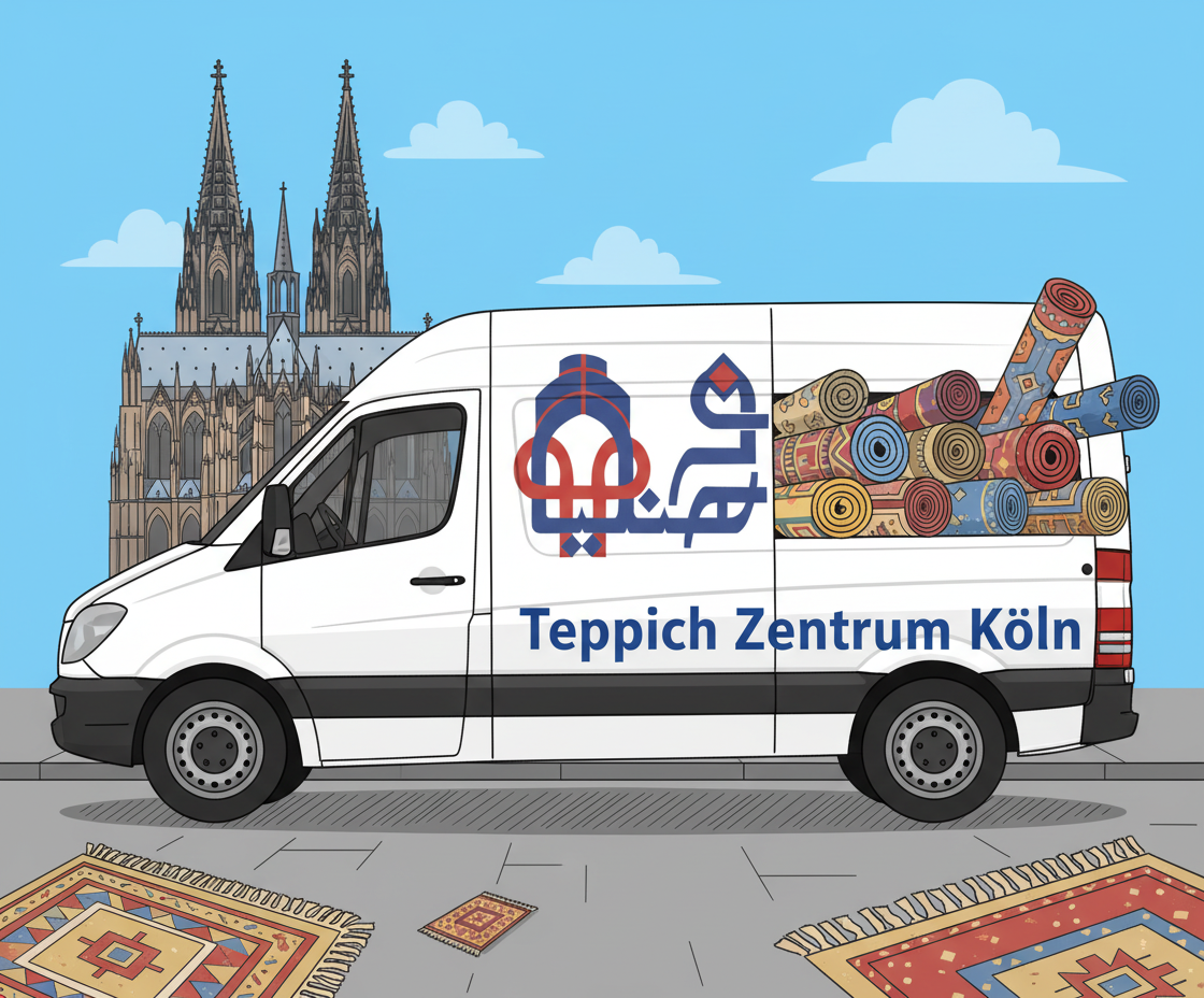 Transporter des Teppich Zentrum Almiran mit gerollten Teppichen vor dem Kölner Dom