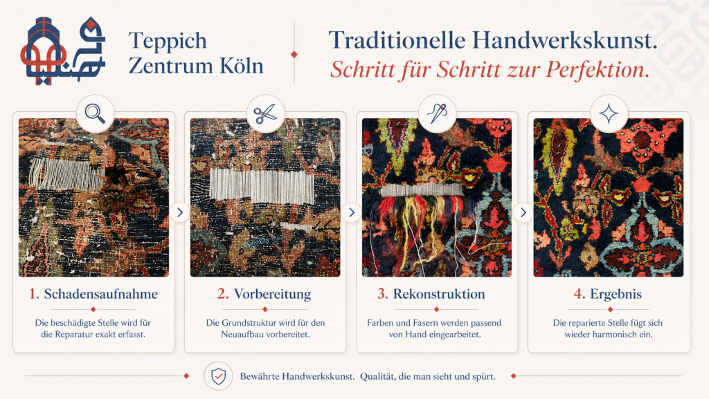 Ablauf einer Teppichreparatur Schritt für Schritt, Teppichknüpfer bei der Ausbesserung eines beschädigten Teppichs