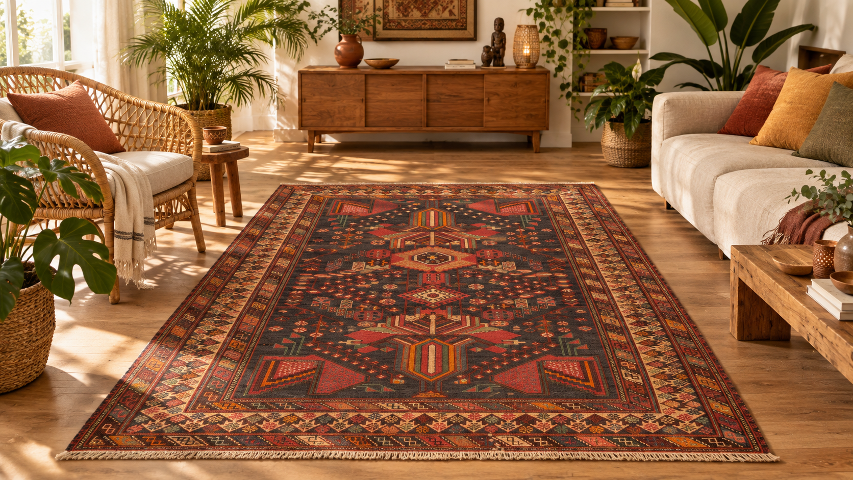 Kelim-Teppich im Boho-Stil mit Pflanzen und Rattanmöbeln